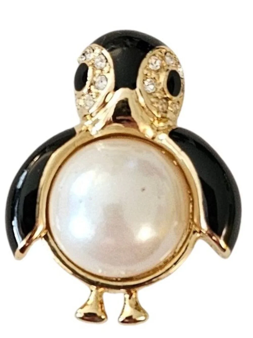Marvella Penguin Pin Faux Pearl Clear Rhinestone Black Enamel Brooch Signed L643